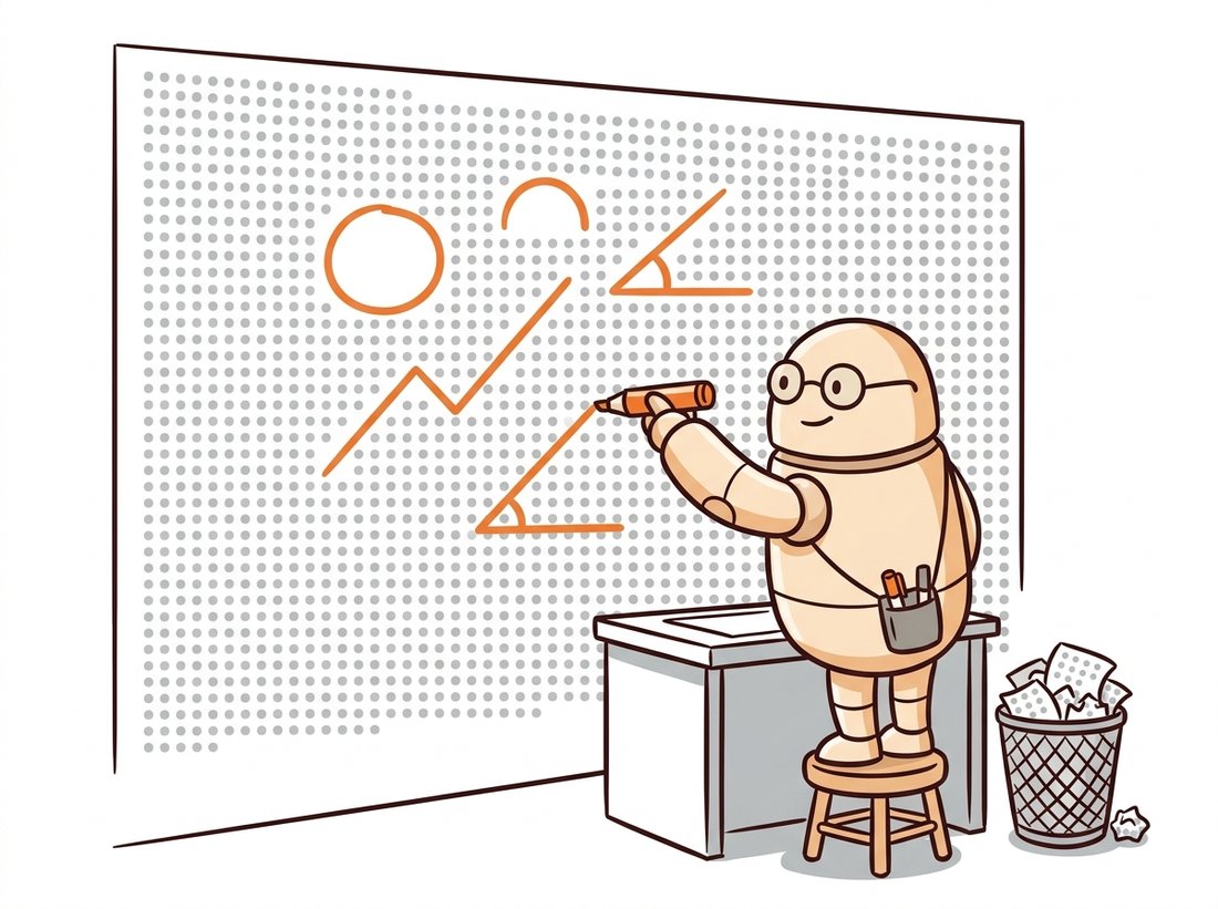A spectacled cartoon robot at a desk traces a few bold orange lines over a huge wall of millions of faint gray pixel dots, with a trash bin full of discarded dots beside it, dramatizing how an edge detector compresses two million pixel measurements into a handful of meaningful contours.