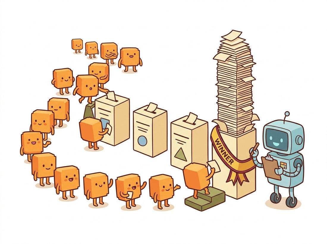 Many small orange edge-pixel characters drop ballots into boxes that stand for candidate lines; one box overflows with a landslide of votes and wears a winner's sash while others hold only stray ballots, depicting the Hough transform detecting a shape by letting every edge pixel vote independently.