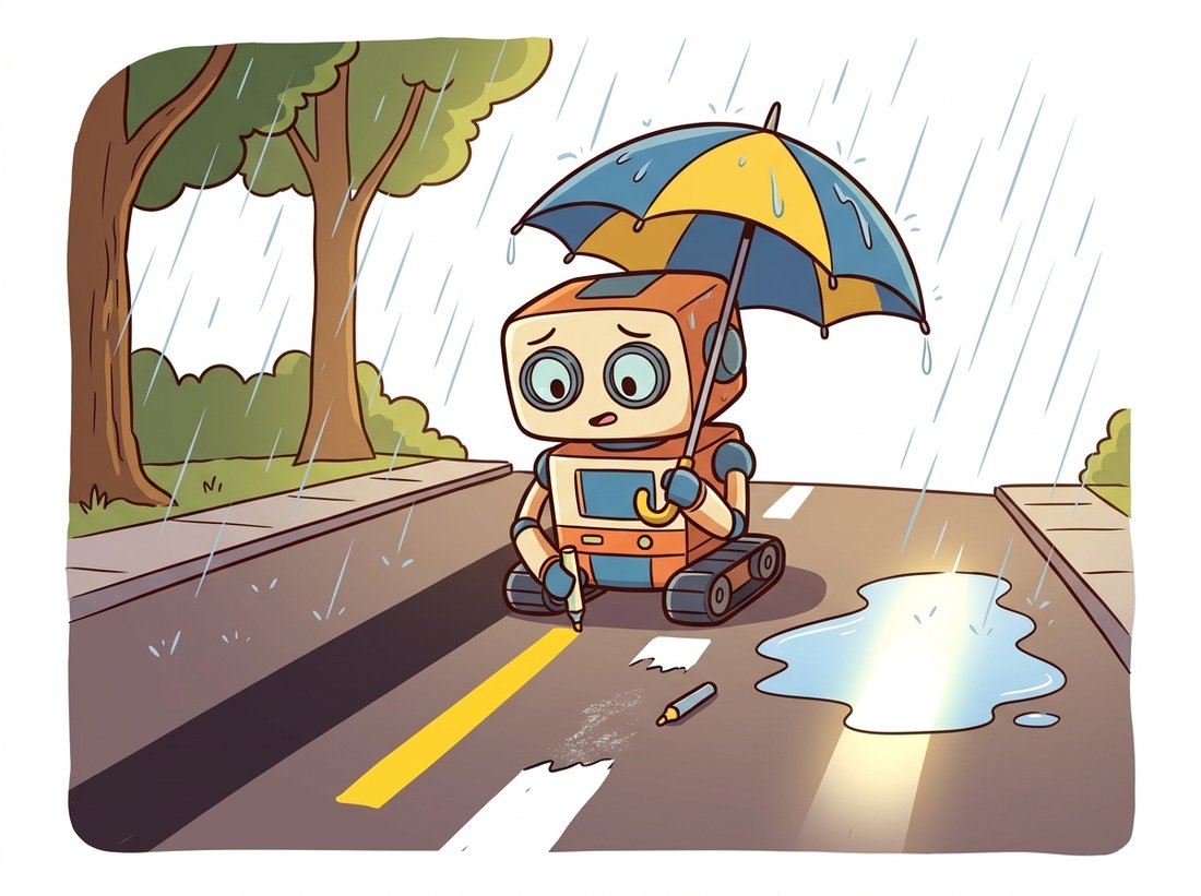 A sheepish, rain-soaked cartoon lane-detector robot under a drooping umbrella has mistakenly traced a tree's shadow as a lane, hovers its marker over a stretch of worn-away paint, and is fooled by a glare puddle reflecting the sky, illustrating the shadow, worn-paint, and glare failure modes of classical lane detection.