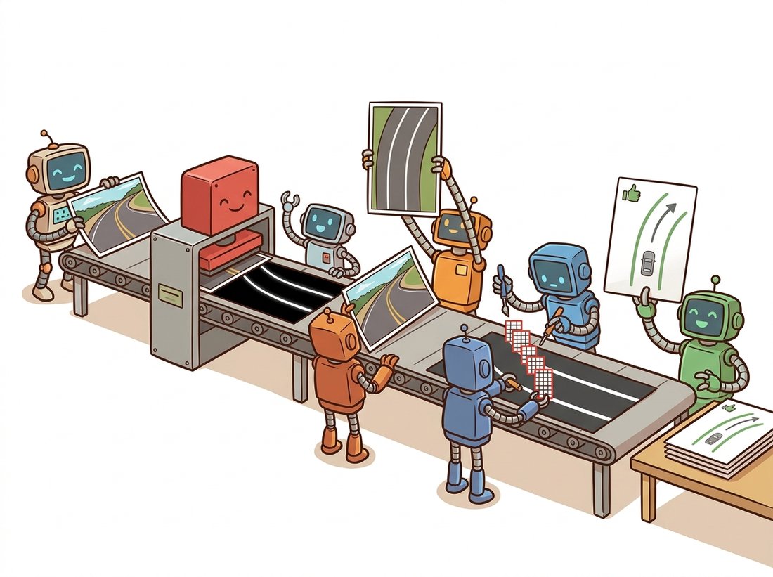 A factory conveyor line of friendly robots transforms a raw dashcam road photo step by step: into a binary evidence mask, then a flat bird's-eye view, then stacked search windows climbing a lane stripe, and finally an output card with two smooth green lane curves and a curvature arrow, depicting the five-stage lane-detection pipeline.