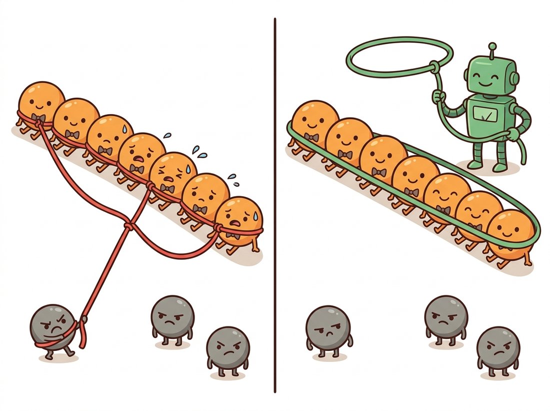 Two panels: on the left a red rope tied to every dot, including distant gray outliers, is dragged off course by one stubborn point; on the right a green robot lassos only the large agreeing group into a consensus band and ignores the outliers, contrasting fragile least squares with robust RANSAC.