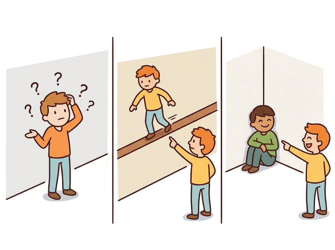 Three hide-and-seek scenes: a seeker baffled by a blank wall, a character sliding along a stripe so only one direction is pinned down, and a character caught instantly at a corner where two walls meet, dramatizing why corners are findable while flat regions and edges are not.