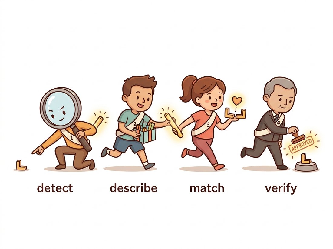 A four-stage relay race where one glowing baton passes from a magnifying-glass runner who spots a corner, to a runner who gift-wraps it, to a matchmaker who pairs two copies, to a judge who stamps it approved, illustrating the detect, describe, match, verify pipeline of the chapter.