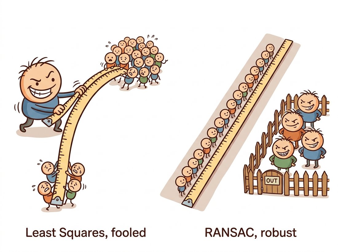 A tug-of-war on a flexible measuring tape: on one side a single huge outlier yanks the fitted line off course while honest dots strain helplessly, on the other the robust fit keeps the line straight inside a tolerance band and fences the few liars out a gate, contrasting least squares with RANSAC.