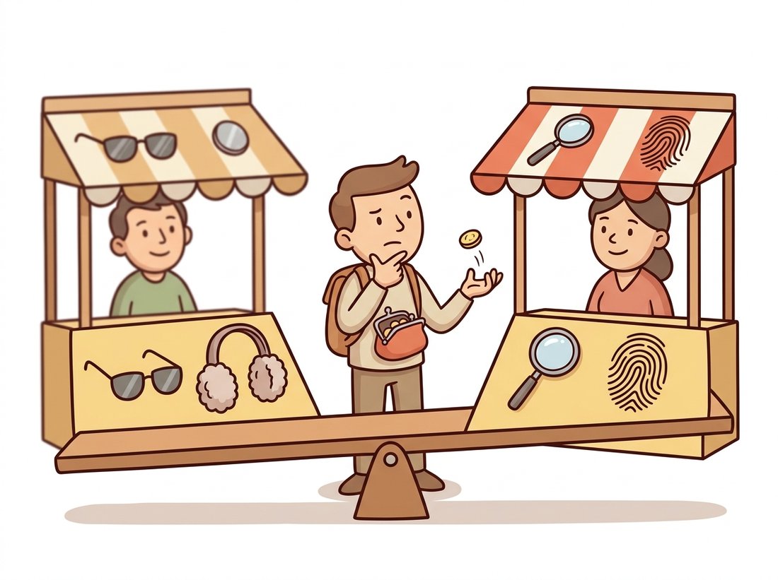 A shopper with a small coin purse choosing how to split a few coins between an invariance stall selling blurry glasses and earmuffs and a distinctiveness stall selling a magnifying glass and a fingerprint, illustrating that a descriptor design trades a fixed budget between ignoring nuisance changes and preserving differences.