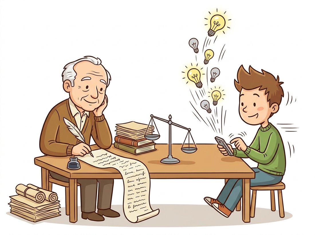 An elderly scholar slowly penning a long ornate letter beside a young character rapidly firing a string of lit and unlit light bulbs from a tiny device, with a balance scale tipping toward the fast one, contrasting SIFT's 128 careful floats against a binary descriptor's quick bit string.