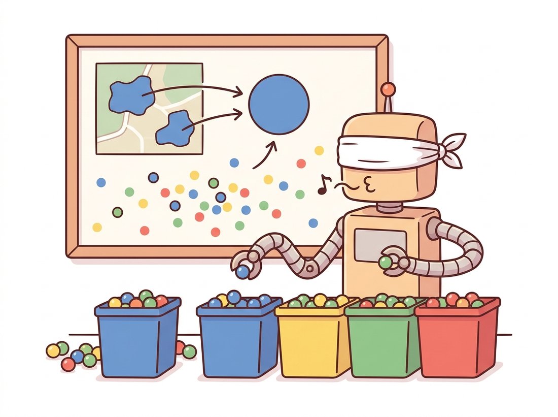 A blindfolded cartoon robot sorting colored marbles into matching bins by color alone, while a nearby picture frame shows two distant same-blue regions wrongly merged into one and scattered single-color speckles, illustrating how pixel clustering ignores spatial location and produces salt-and-pepper speckle and merged distant regions.