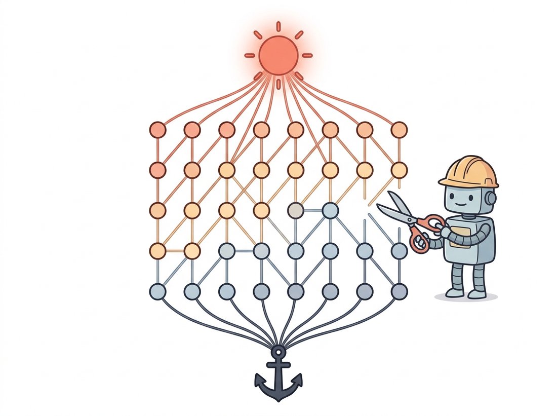 A grid of pixel-nodes each tied by string to a warm-red source above and a dark sink below, with a surveyor robot snipping the cheapest line of connecting strings to cleanly separate warm-tinted nodes from cool-tinted ones, illustrating the graph-cut construction where the minimum source-to-sink cut is the globally optimal foreground-background boundary.