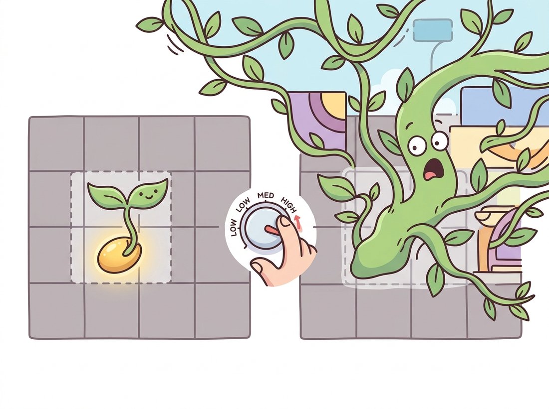 A friendly green sprout growing from a seed inside an object spreads across similar tiles, but when a hand turns a tolerance dial too far the sprout surges across a faint boundary and floods the whole sky with vines, illustrating the leakage failure of region growing when the homogeneity threshold is set too high.