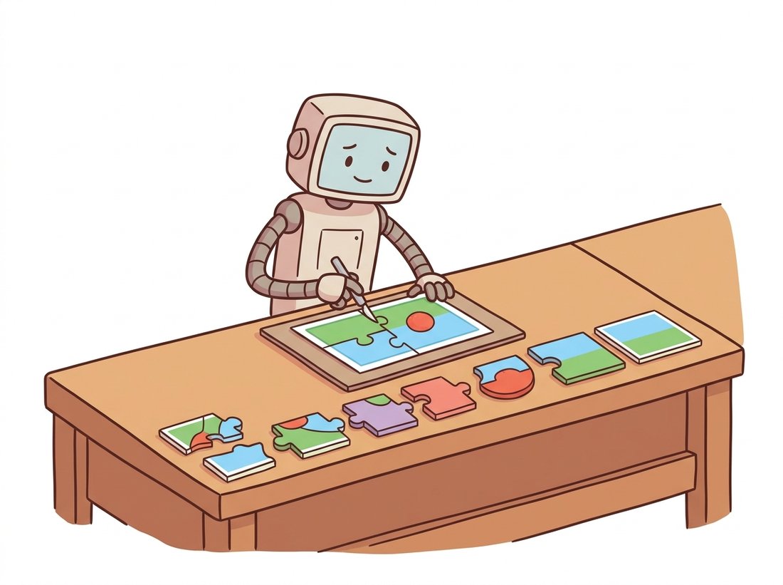 A friendly cartoon robot at a workbench slicing one photograph of sky, field, and a red object into separate colored region-pieces and arranging them in a neat row, the pieces becoming progressively tidier from left to right, illustrating how segmentation carves an image into meaningful regions along a spectrum from messy to orderly.