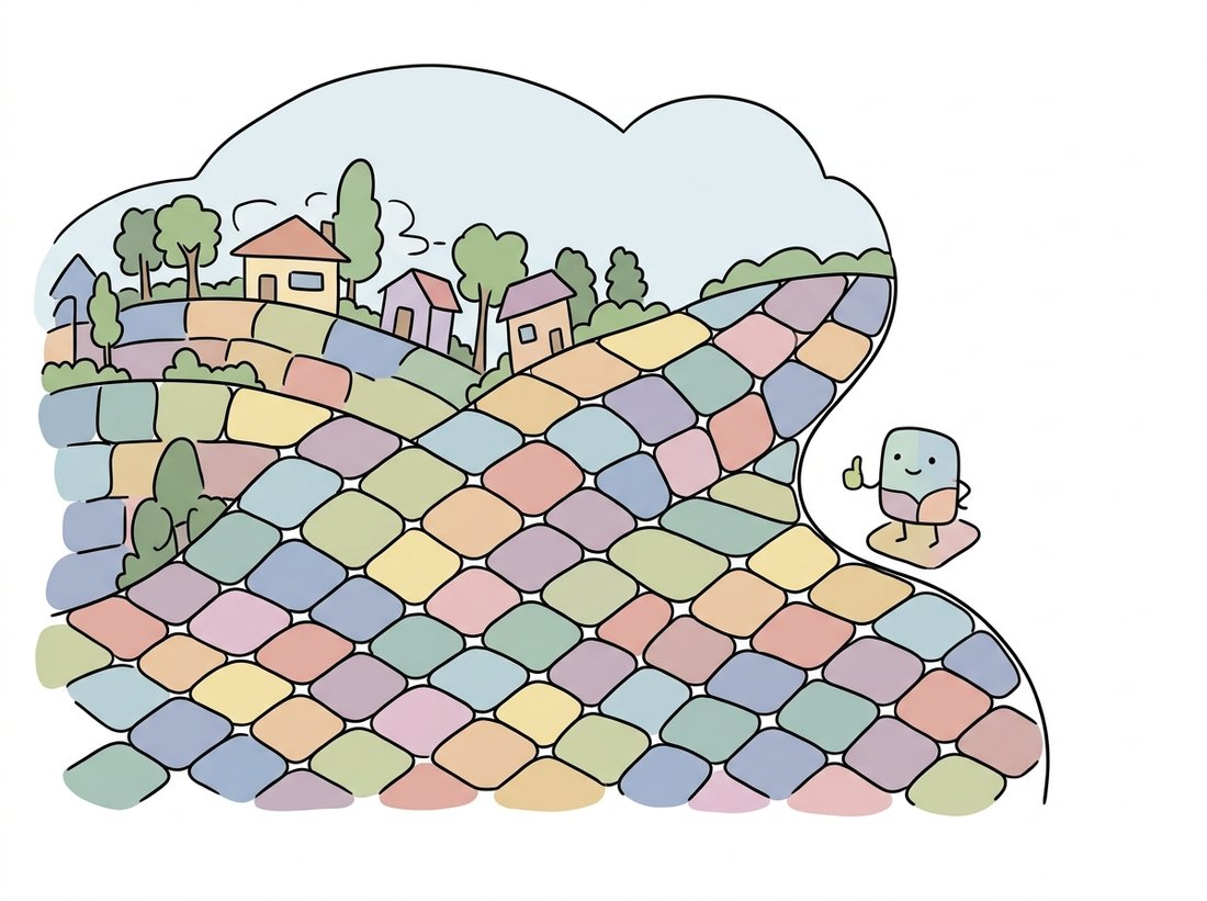 A cartoon scene carved into dozens of small compact rounded neighborhood-tiles like a quilt of districts, each a single color, all politely stopping at a curved object boundary instead of crossing it, with one small tile character giving a thumbs up, illustrating superpixels as compact edge-respecting atoms that never straddle a true object boundary.