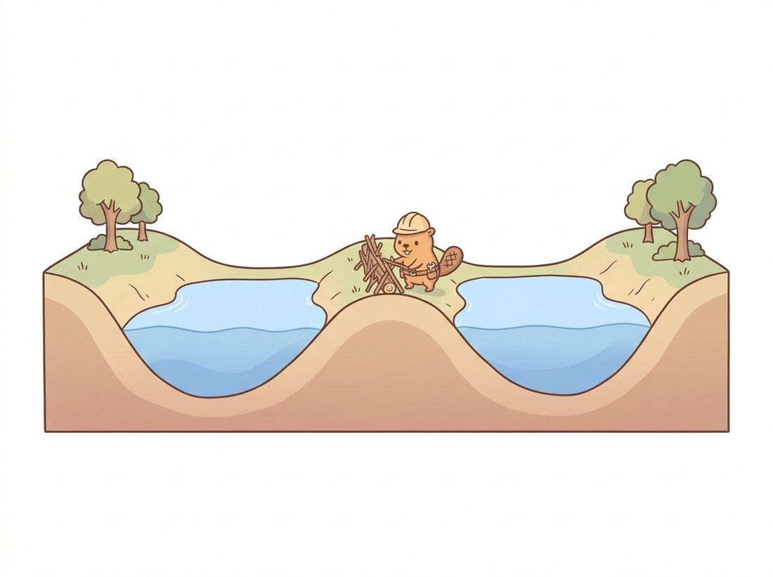 A cartoon terrain cross-section with two valleys separated by a ridge, blue water rising to fill each valley as a separate lake while a small engineer character builds a dam on the ridge where the lakes would meet, illustrating the watershed transform flooding catchment basins and placing boundary dams at ridges to separate touching objects.