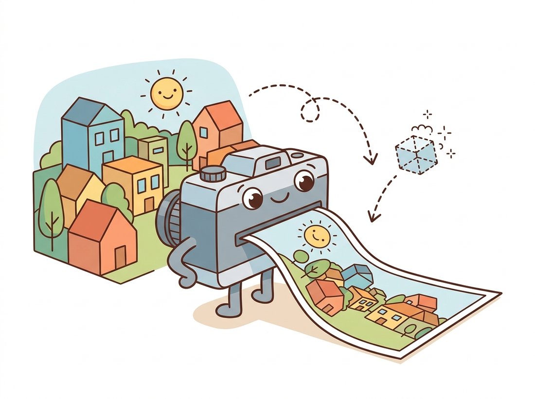 A cartoon camera character takes in a colorful three-dimensional world of houses and trees and produces a flat paper-thin photograph out its back, while a small cube representing the lost depth dimension pops and vanishes into a sparkle, illustrating how the pinhole projection flattens 3D space into a 2D image and throws depth away.
