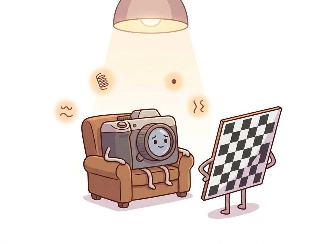 A cartoon camera sits cooperatively under a soft spotlight while a tilted checkerboard pattern gently interrogates it, and small friendly tokens representing focal length, principal point, and distortion float out of the camera, illustrating how Zhang's method waves a checkerboard at a handful of angles to recover every intrinsic and distortion parameter.