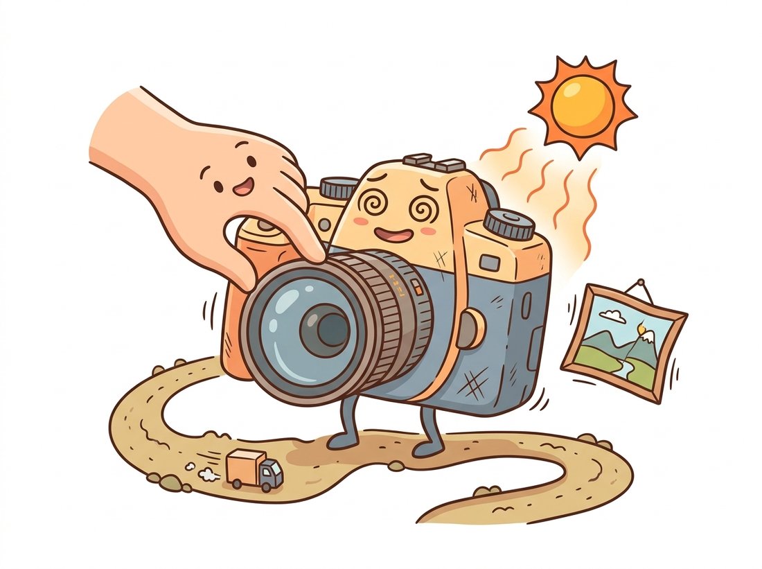 A weary cartoon camera looks dizzy amid heat shimmer, a bumpy truck road, and a helpful hand nudging its focus ring, while its formerly crisp photo beside it has gone subtly skewed, illustrating how heat, vibration, transport, and well-meaning adjustments silently decalibrate a production camera over time.