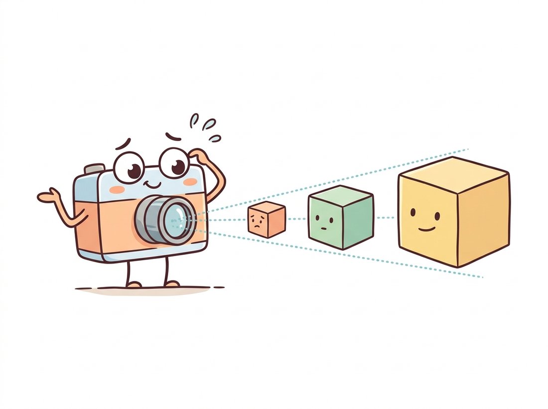 A cartoon camera shoots a single straight ray into the scene, and three cubes of different sizes sit along that ray at different depths so they all project to the same pixel, while the camera shrugs in confusion, illustrating back-projection and why a single image cannot tell depth from scale.