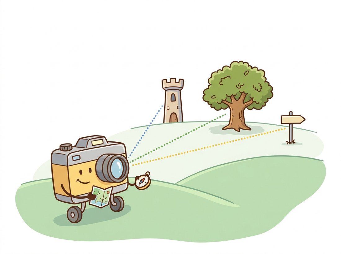 A confident cartoon camera holds a small compass and pinpoints its own location by drawing sight-lines back from three or four recognized landmarks such as a tower, a tree, and a signpost, illustrating how the Perspective-n-Point problem recovers camera rotation and translation from a handful of known 3D points and their pixel observations.