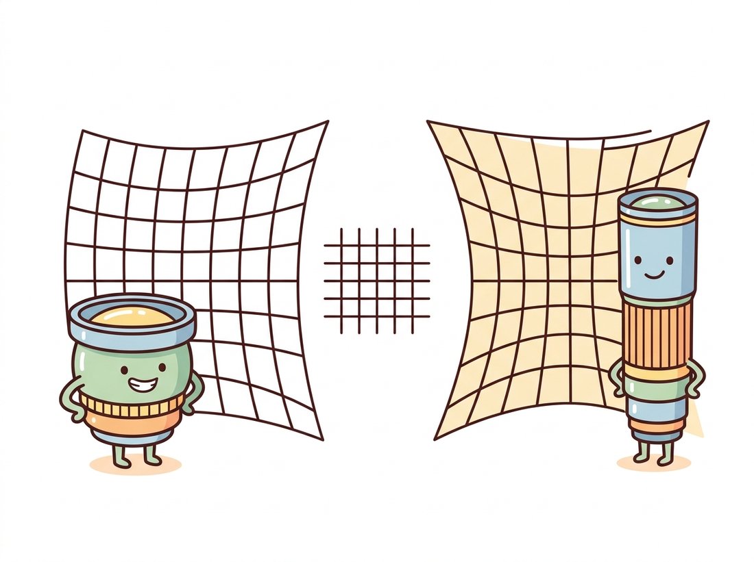 A round bulgy wide-angle lens character bows a straight grid outward into a barrel shape while a tall thin telephoto lens character pinches the same grid inward into a pincushion, with an undistorted reference grid between them, illustrating barrel and pincushion radial distortion as two opposite personalities.