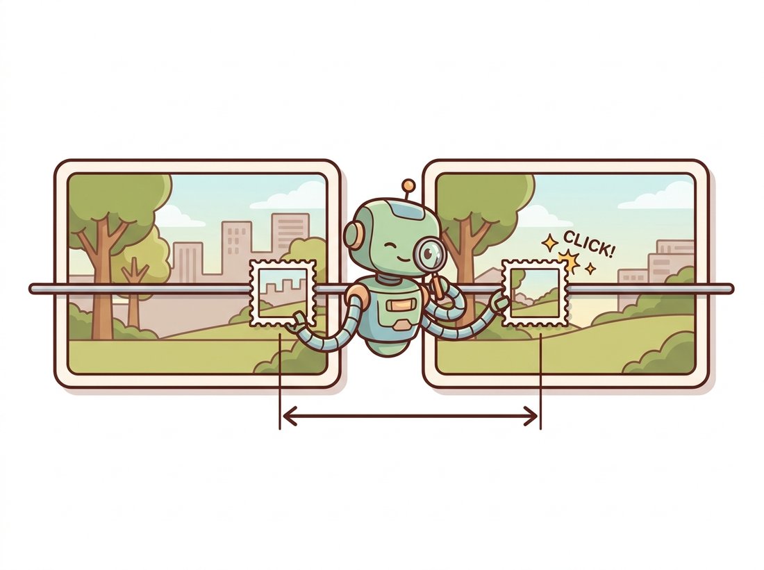 A worker robot slides a small square patch from the left photo along the aligned horizontal row of the right photo until it snaps into its best match, with an arrow marking the horizontal shift, illustrating block matching on a rectified stereo pair where disparity is the column offset of the best match.