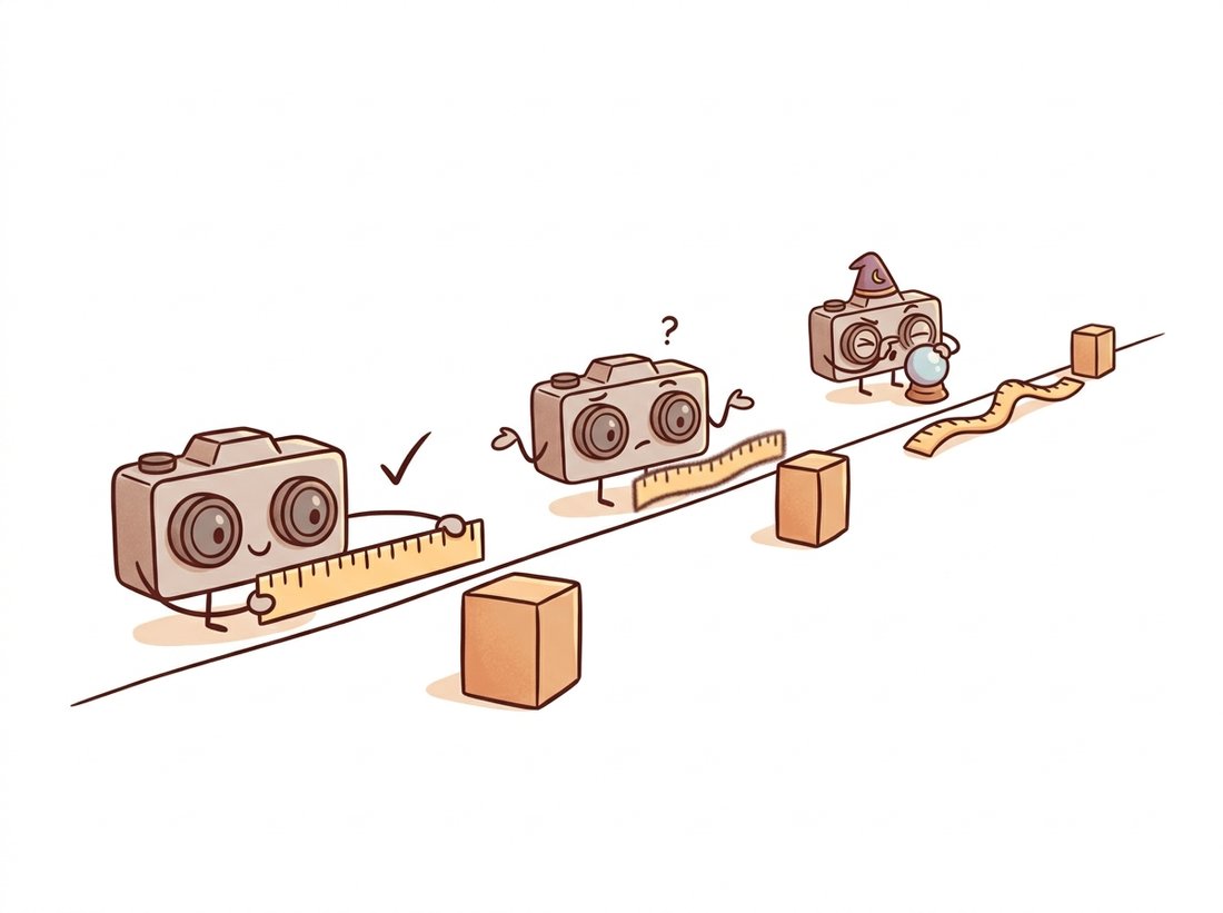 A stereo-camera character measures a near object with a crisp confident ruler, a mid-distance object with a fuzzy ruler and a shrug, and a far object with a wildly stretched wobbly ruler while wearing a fortune-teller hat, illustrating how stereo depth error grows with the square of distance even for the same disparity noise.
