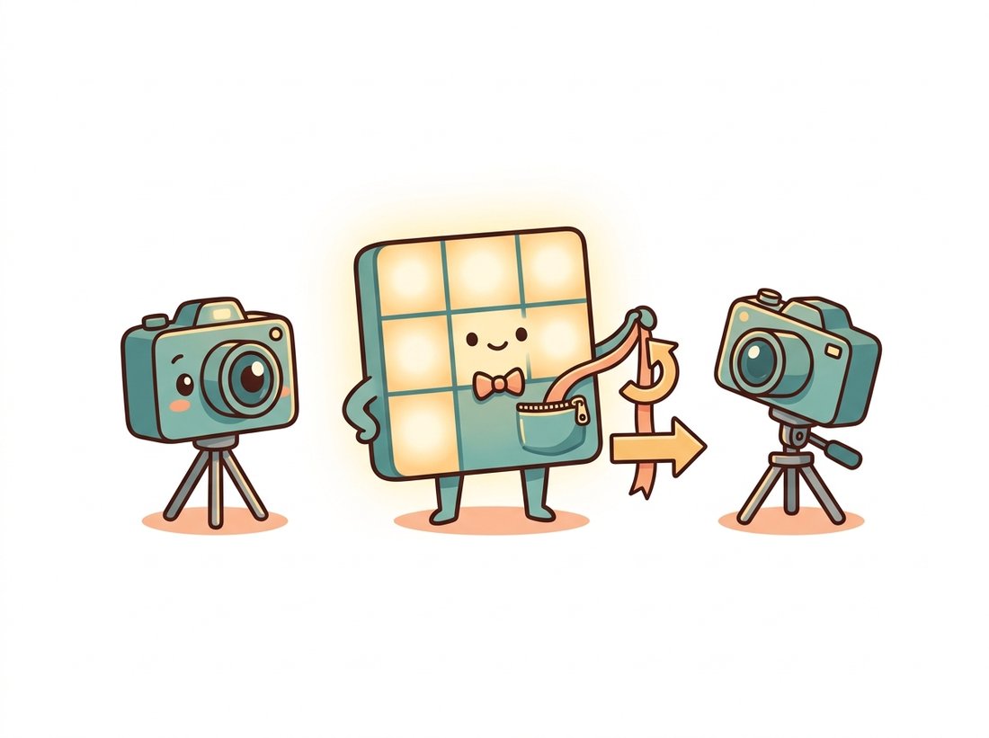 A small bow-tied character shaped like a glowing three-by-three grid pulls a curved rotation arrow and a straight translation arrow out of its pocket while two cartoon cameras watch, illustrating how the essential matrix packs the relative rotation and translation of two cameras into one tiny object that can be decomposed.