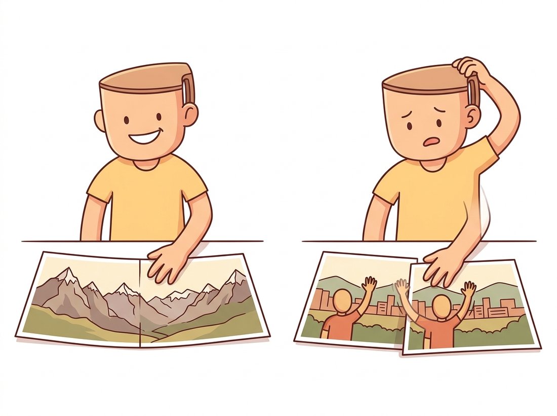 A flat-headed character seamlessly stitches two photos of a distant flat mountain into one panorama on the left, but on the right the same trick on a near waving person produces a ghosted, duplicated arm at the seam, illustrating that a homography works for flat or distant scenes and fails when parallax appears.