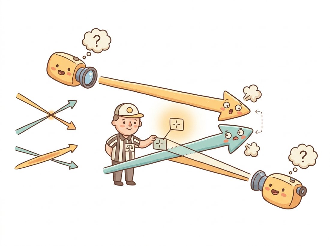 Two arrow-rays from two cartoon cameras just miss each other near a glowing scene point with a small dashed closest-approach gap, while a referee with a scale icon marks the midpoint, and a side hint contrasts a wide-angle compact crossing with a shallow-angle stretched smear, illustrating why noisy rays never intersect and why small parallax angles ruin triangulation precision.