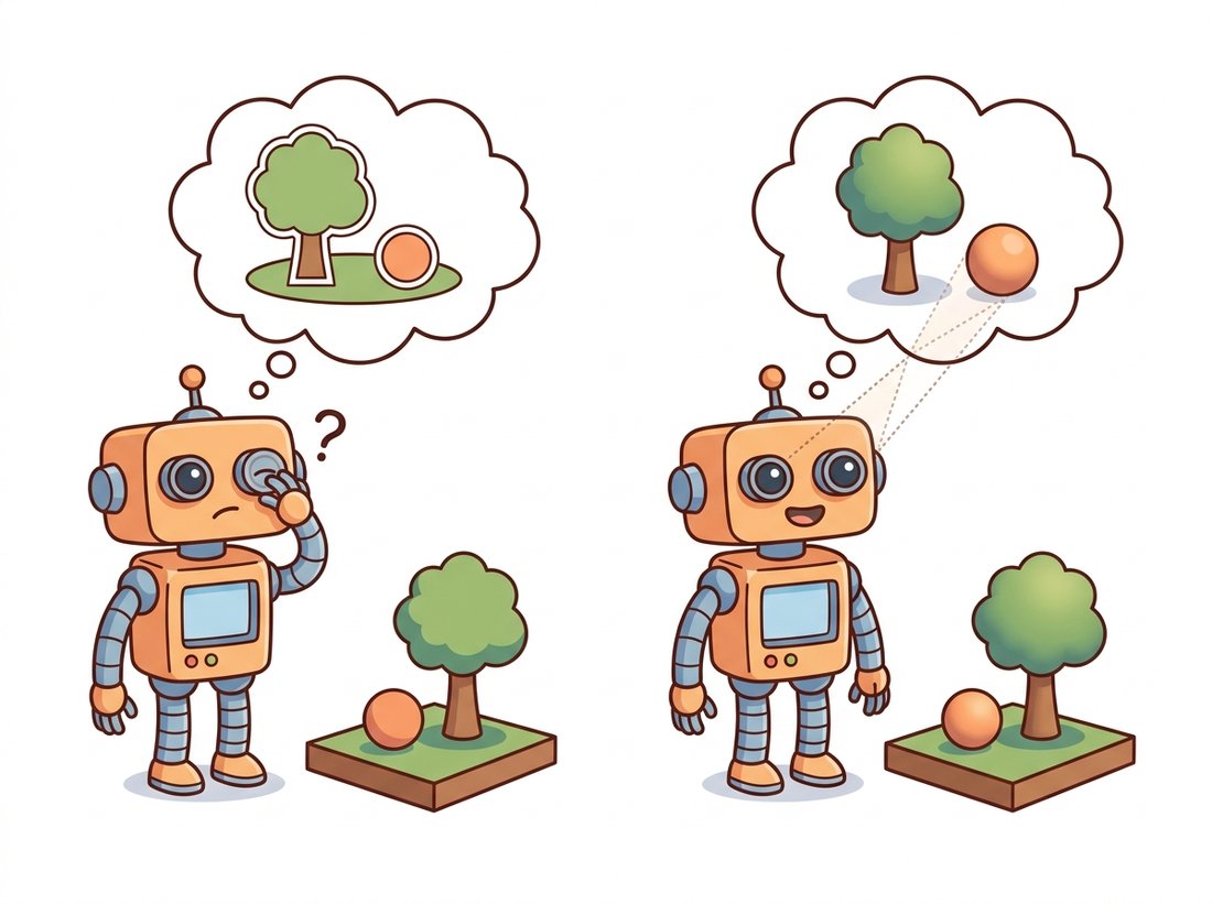 A friendly robot covers one camera-eye and imagines a flat paper world, then opens both camera-eyes and imagines the same scene as rounded 3D objects, with two dotted sight-lines crossing at a point, illustrating how a second view restores the depth that a single image destroys.