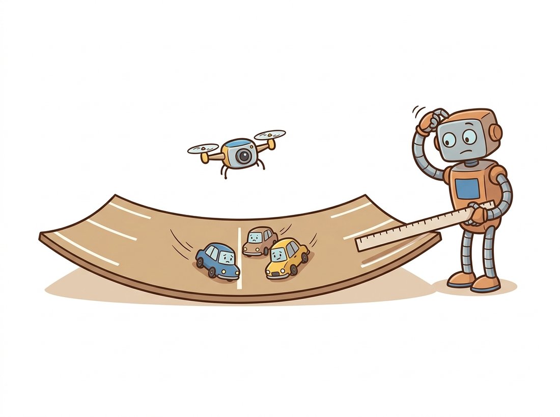 A cartoon drone photographs a parking lot whose reconstruction has curved up at the edges into a shallow bowl while a puzzled engineer robot holds a flat ruler against it, illustrating the bundle-adjustment bowl effect where misestimated lens distortion lets the optimizer curve a flat world while still reprojecting every observation perfectly.