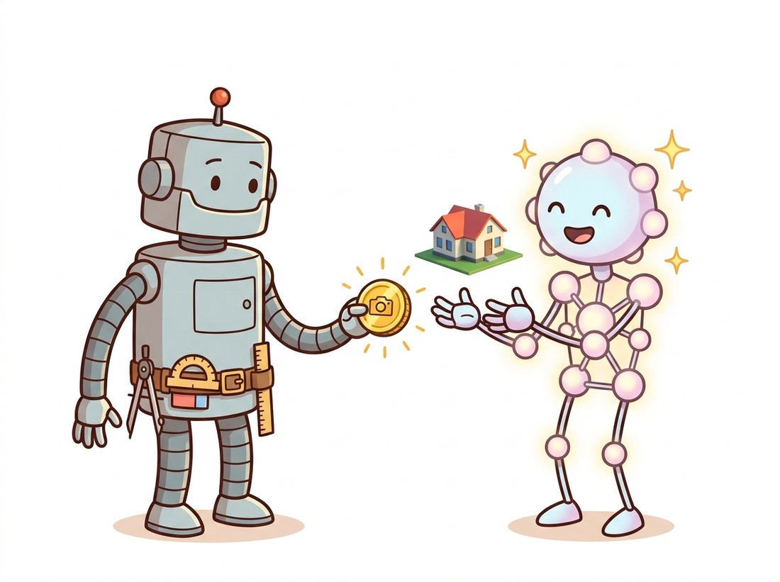 A classic geometry robot with a toolbelt of compass and ruler hands a glowing golden coin stamped with a camera to a sparkly neural-network robot, which conjures a photorealistic 3D house in return, illustrating how COLMAP camera poses are the currency that NeRF and Gaussian splatting consume rather than estimate.