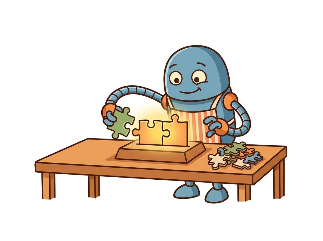 A cartoon robot builds a jigsaw puzzle starting from two glowing pieces locked together on a small pedestal, then adds the next piece that connects best, illustrating incremental structure from motion growing a reconstruction one camera at a time from a carefully chosen seed pair.