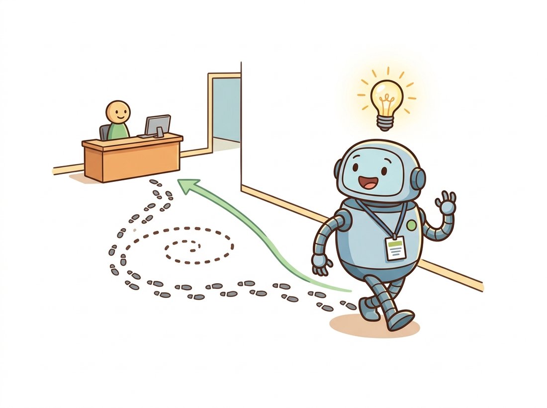 A cartoon robot with a conference lanyard leaves a dotted trail that has drifted into a spiral, then has a lightbulb moment recognizing a registration desk it already passed, while a green arrow snaps its trail back to the start, illustrating how loop closure cancels accumulated visual-odometry drift through place recognition.