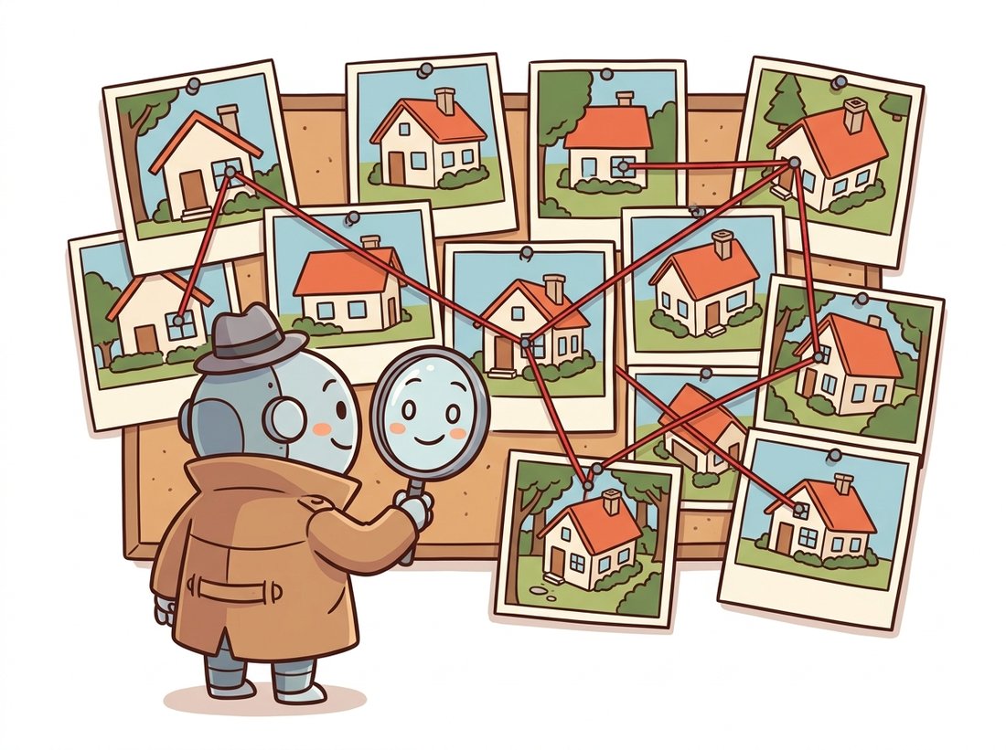 A cartoon detective robot examines a corkboard of overlapping photos of the same house taken from many angles, with red yarn connecting a matching window corner across several photos, depicting how structure from motion treats every photograph as a witness to the same rigid scene and stitches matching points into feature tracks.