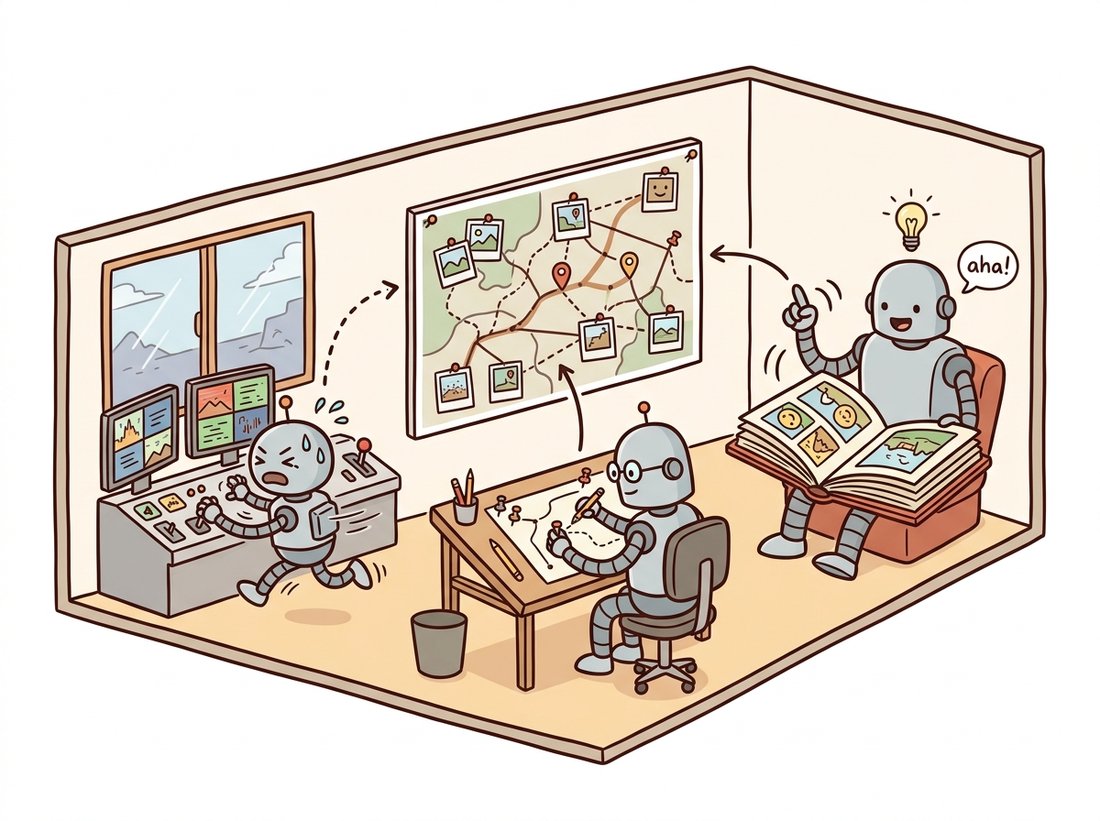 A cartoon control room with three robots working at different speeds around one shared map board: a fast robot tracking a live camera feed, a calmer robot triangulating and pinning points onto the map, and a relaxed robot recognizing a previously visited place in a photo album, illustrating the tracking, local-mapping, and loop-closing threads of feature-based visual SLAM.