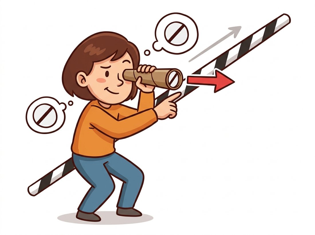 A character looking through a small cardboard tube at a sliding striped pole, seeing only one diagonal edge through the opening and confidently pointing an arrow across the edge while the pole is really sliding sideways, illustrating the aperture problem where local data reveals only the motion component perpendicular to an edge.