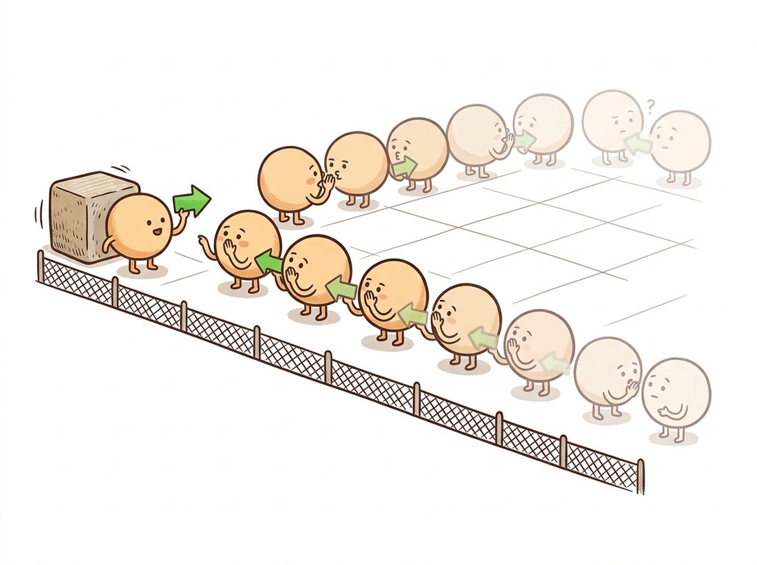 A grid of cartoon pixel characters passing a rightward motion arrow hand to hand from a textured moving square out into blank regions, the arrow growing fainter and blurrier with each hop, illustrating how Horn-Schunck's smoothness term diffuses flow from textured pixels into flat ones that carry no data of their own.