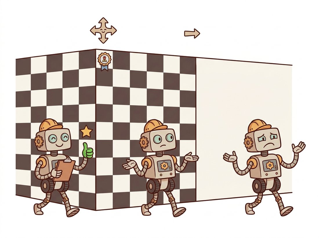 A robot inspector grading three spots on a checkerboard wall: a gold star and cross-arrows for a sharp corner, a shrug and single arrow for a plain edge, and a frown for a blank flat patch, illustrating that the same well-conditioned structure tensor makes corners both matchable and trackable while edges and flat regions are underdetermined.