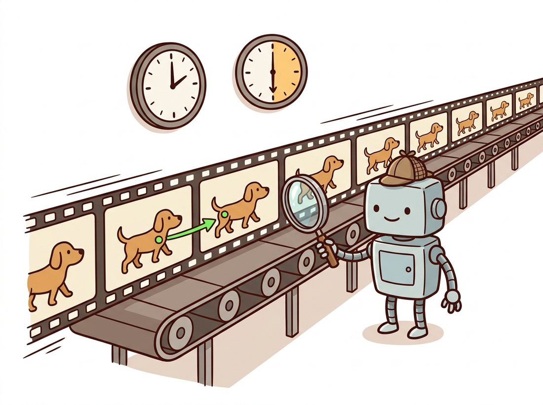 A detective robot at the end of a conveyor belt of nearly identical film frames of a walking dog, using a magnifying glass to draw a small motion arrow between two consecutive frames, illustrating that video is a dense stream of barely-changed images whose tiny frame-to-frame differences are what motion estimation reads.