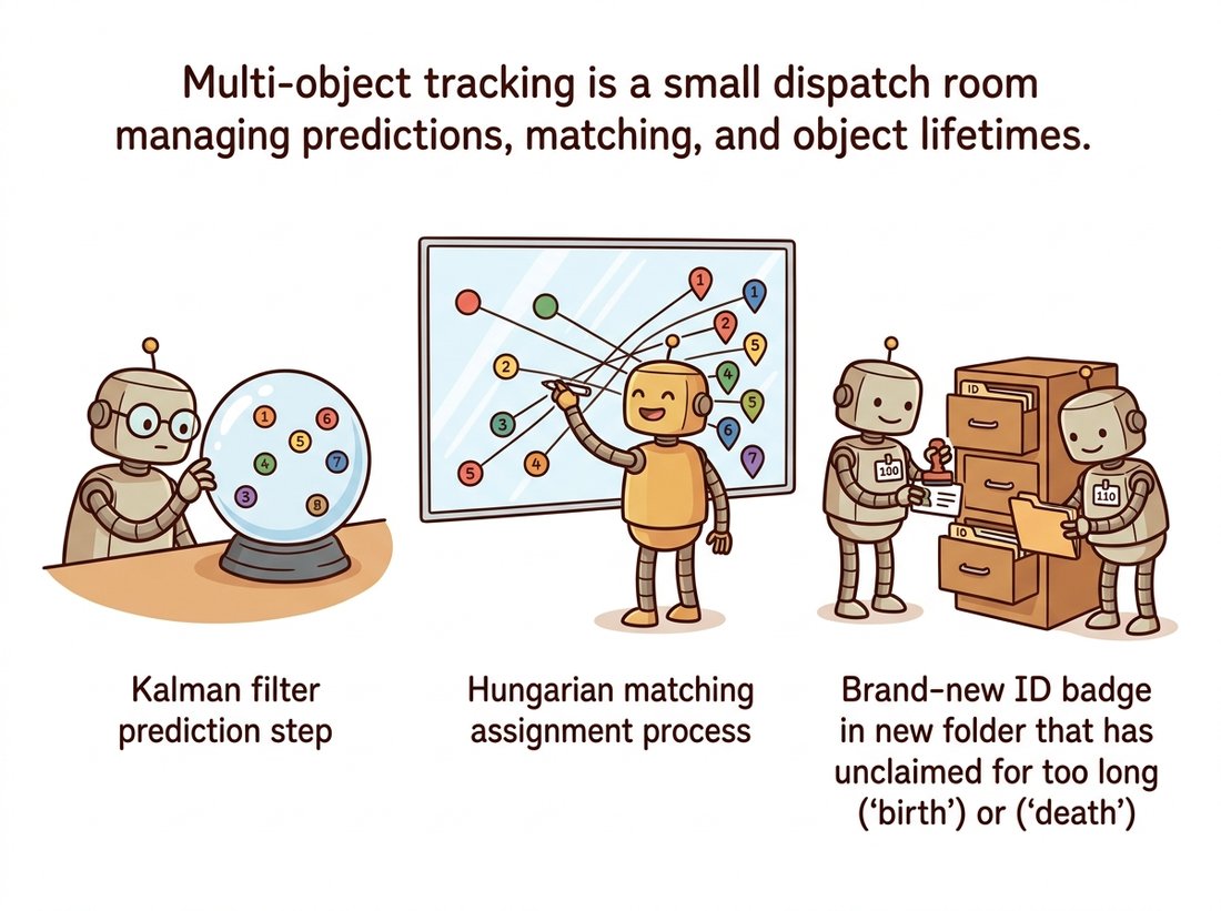 A control-room of friendly robots running multi-object tracking as an assembly line: a forecasting robot predicting where numbered dots will appear, a matchmaker robot drawing optimal one-to-one lines between predictions and incoming detections, and clerk robots issuing new ID badges and retiring stale ones, illustrating the SORT pipeline of Kalman prediction, Hungarian assignment, and track birth and death.
