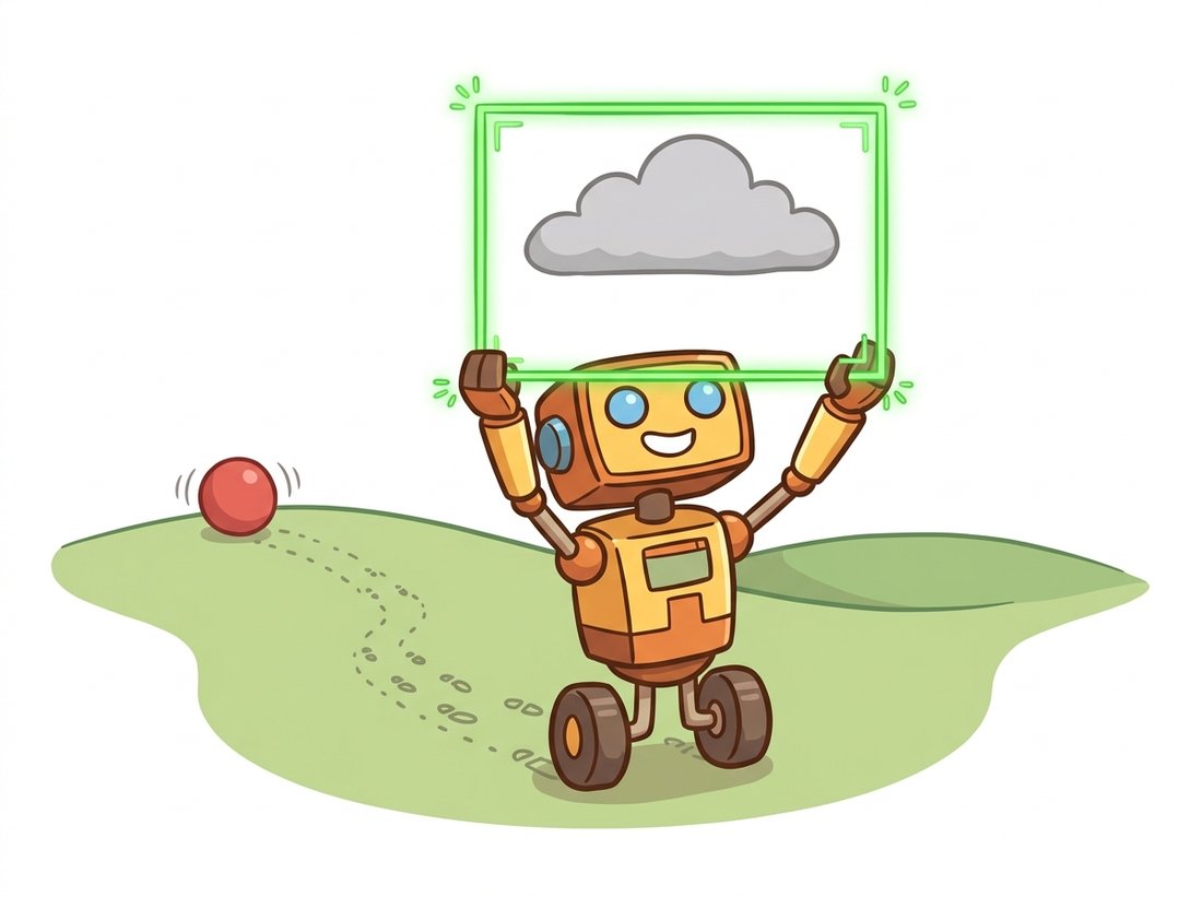 An earnest tracker robot beaming with confidence as it holds a green bounding box around a drifting cloud while the red ball it was meant to follow rolls away ignored, with a dotted trail showing the slow drift, illustrating how an appearance tracker latches onto the wrong object and keeps reporting a confident box without realizing it has failed.