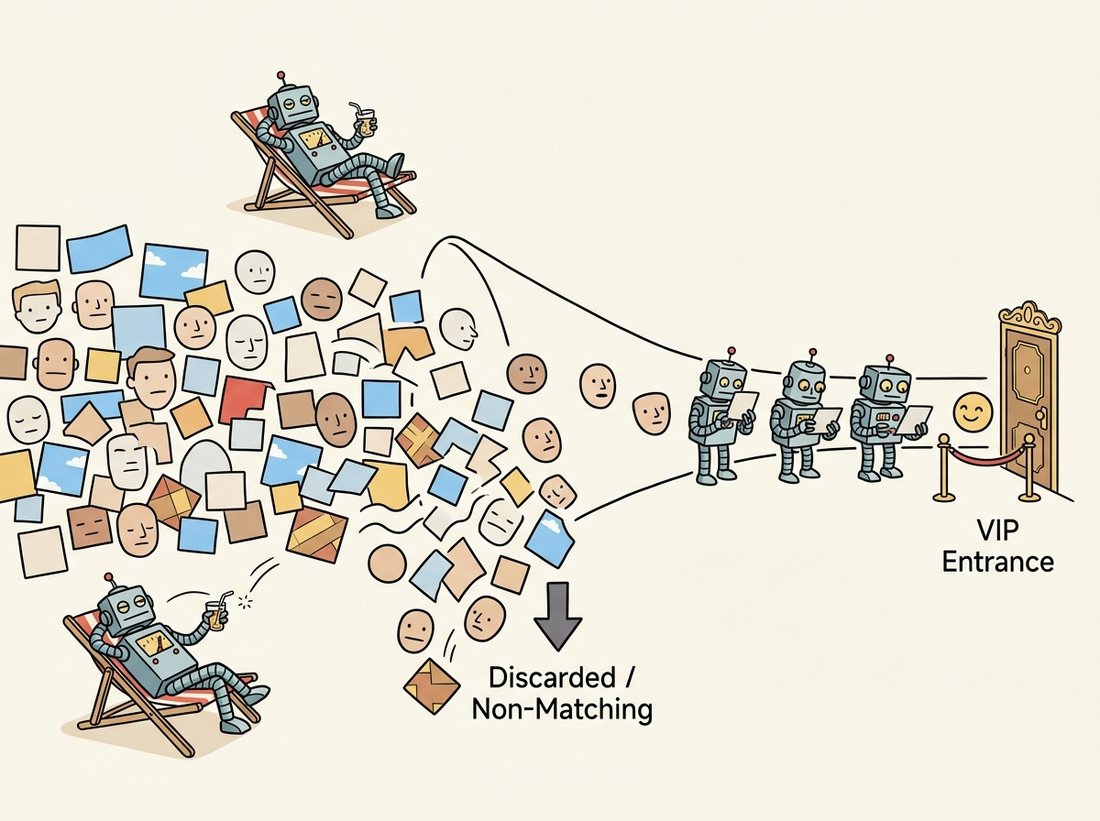 A funnel of robot bouncers where a lazy first bouncer in a deck chair instantly waves away a huge crowd of blank and sky-like shapes after one glance, while progressively more attentive bouncers scrutinize the few face-like survivors until one smiling face reaches the VIP door, illustrating the attentional cascade rejecting most windows cheaply and early.