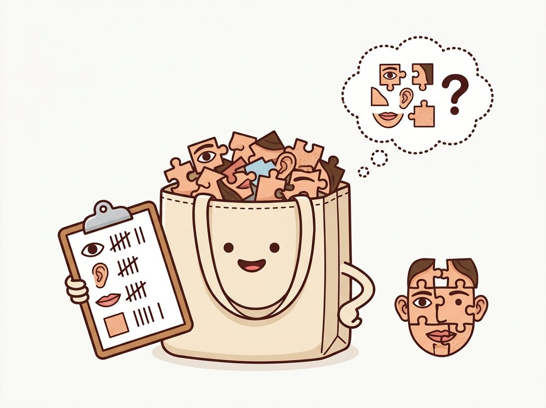 A friendly tote bag stuffed with jumbled facial puzzle pieces happily counts how many of each piece it holds but cannot tell a real face from a scrambled one, illustrating how a bag of visual words counts local features while discarding all spatial layout.