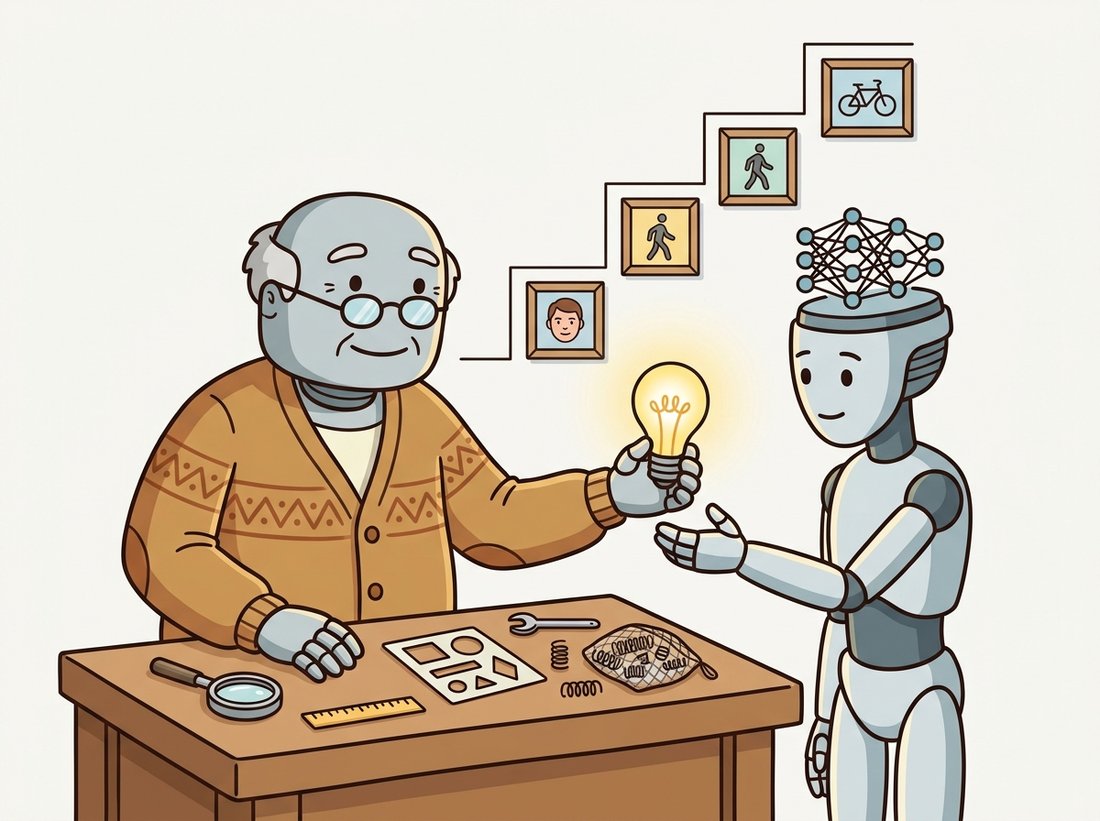 An old robot surrounded by hand tools (magnifying glass, ruler, a stencil template, a bag of springs) warmly hands a glowing idea to a younger robot whose head is a small neural network, with a staircase of recognition tasks climbing behind them, depicting how the hand-crafted recognition pipeline handed its job to deep learning.