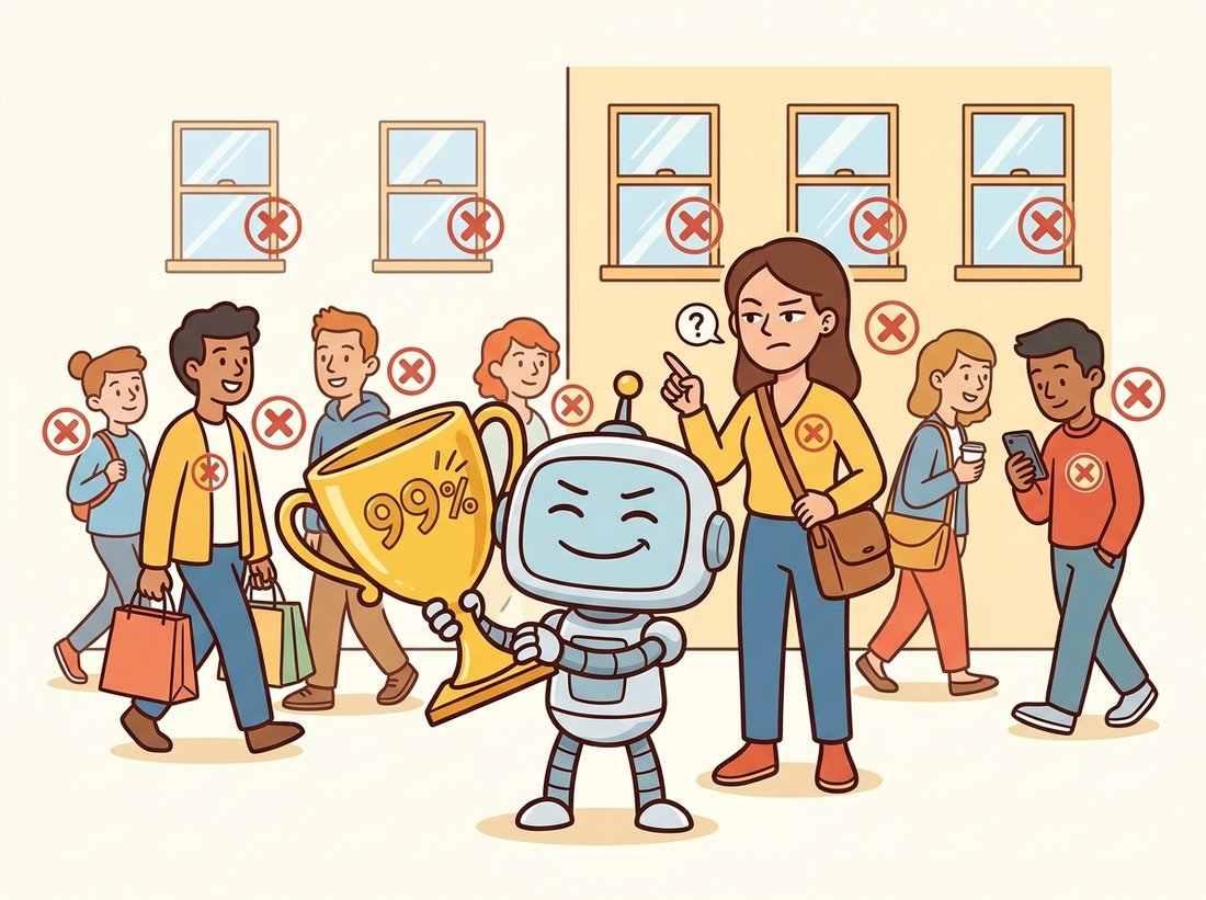 A smug robot detector with its eyes closed proudly holds a near-perfect-score trophy while having stamped every window of a crowded street, including all the obvious pedestrians, with a red cross meaning no person, so it found nobody, illustrating why high accuracy is meaningless when background windows vastly outnumber objects.