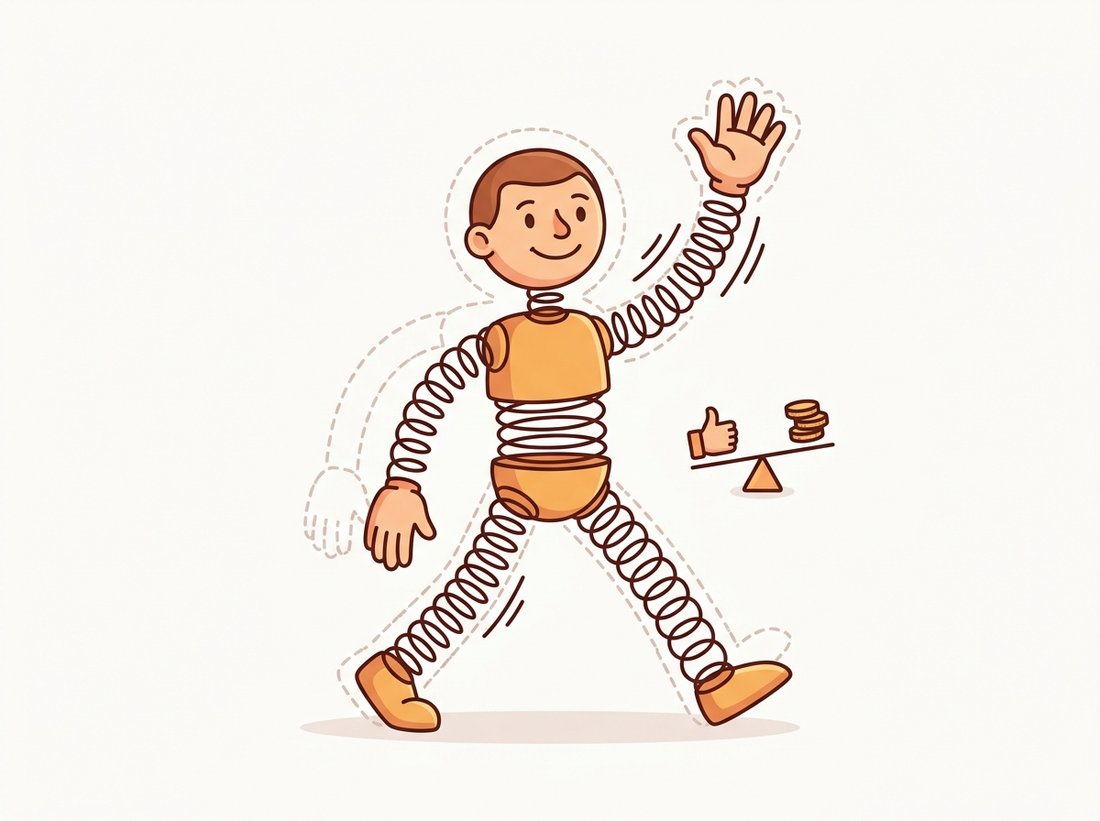 A cartoon puppet person whose head, arms, and legs are each tethered to a dashed ideal anchor position by a spring; in a walking-waving pose the springs to the moved limbs stretch and strain while a small scale weighs a good image match against the spring-stretch cost, illustrating a deformable part model scoring part matches minus deformation cost.