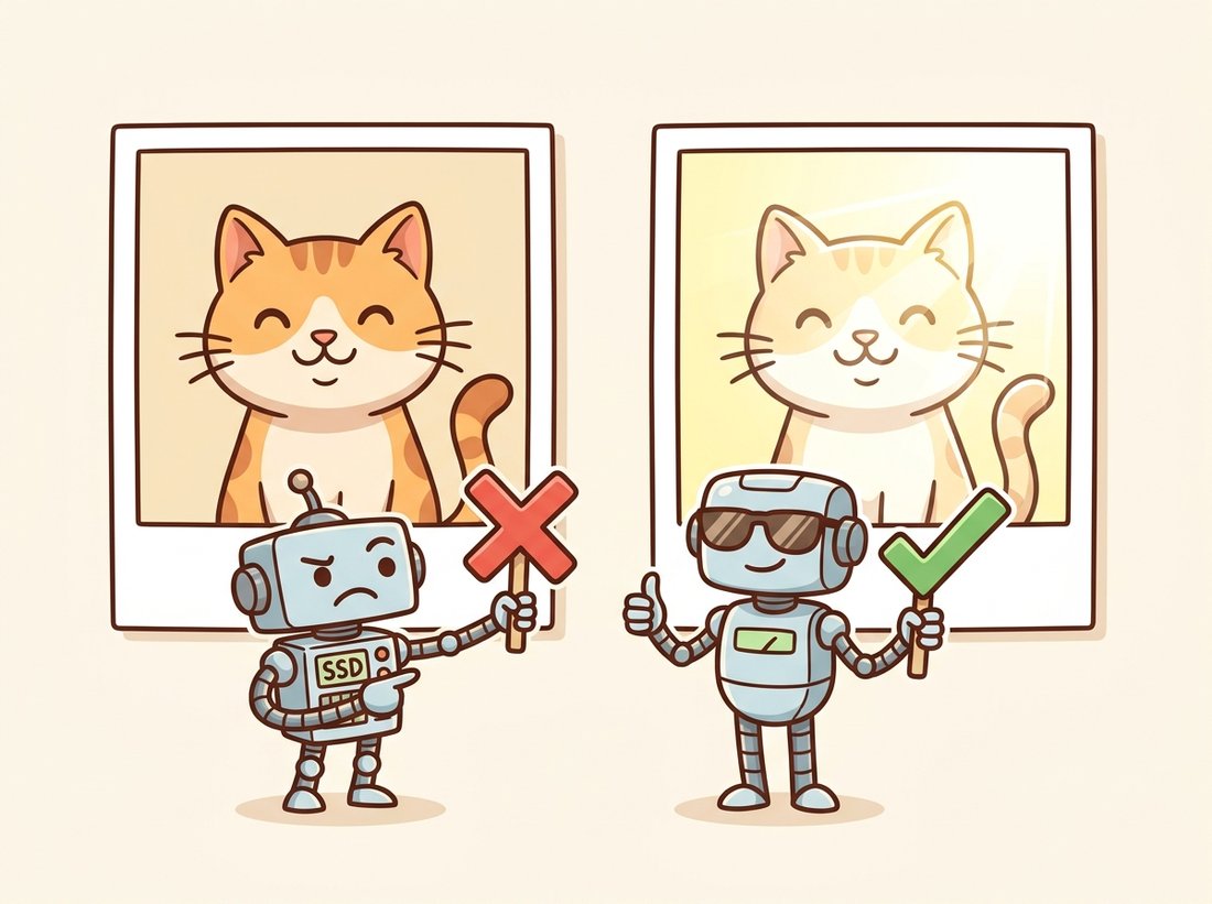 Two photos of the same cat, one brighter than the other; a fussy SSD robot rejects the match with a red cross while a relaxed sunglasses-wearing NCC robot approves it with a green check, illustrating that a matching score is a choice of which changes, like lighting, to ignore.