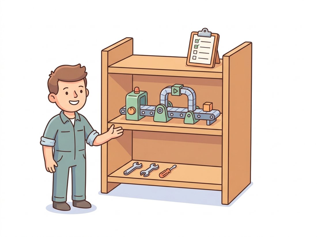 A cartoon engineer in a tidy three-shelf workshop: hand tools on the bottom shelf for single OpenCV calls, a connected assembly line on the middle shelf for reconstruction pipelines, and a scoreboard on the top shelf for benchmarks, illustrating the verbs-pipelines-scoreboards stack of classical computer vision.