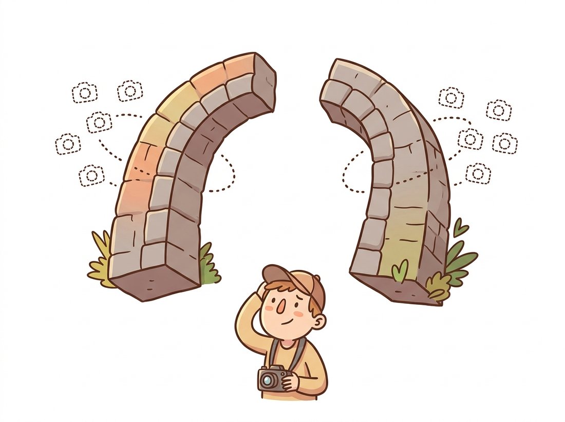 A cartoon stone archway floats as two separated halves with a gap between them while a puzzled photographer's camera icons orbit each half but none bridge the gap, illustrating how a lack of overlapping views causes structure-from-motion to return two disconnected reconstructions.