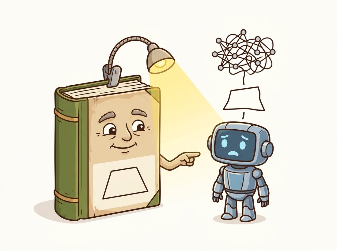 A friendly worn green hardback textbook with a kind face shines a lamp to help a puzzled modern neural-network robot fix a crooked geometric shape, illustrating how the classical Hartley and Zisserman geometry reference remains the debugging manual for learned reconstruction methods that fail in the same geometric ways.