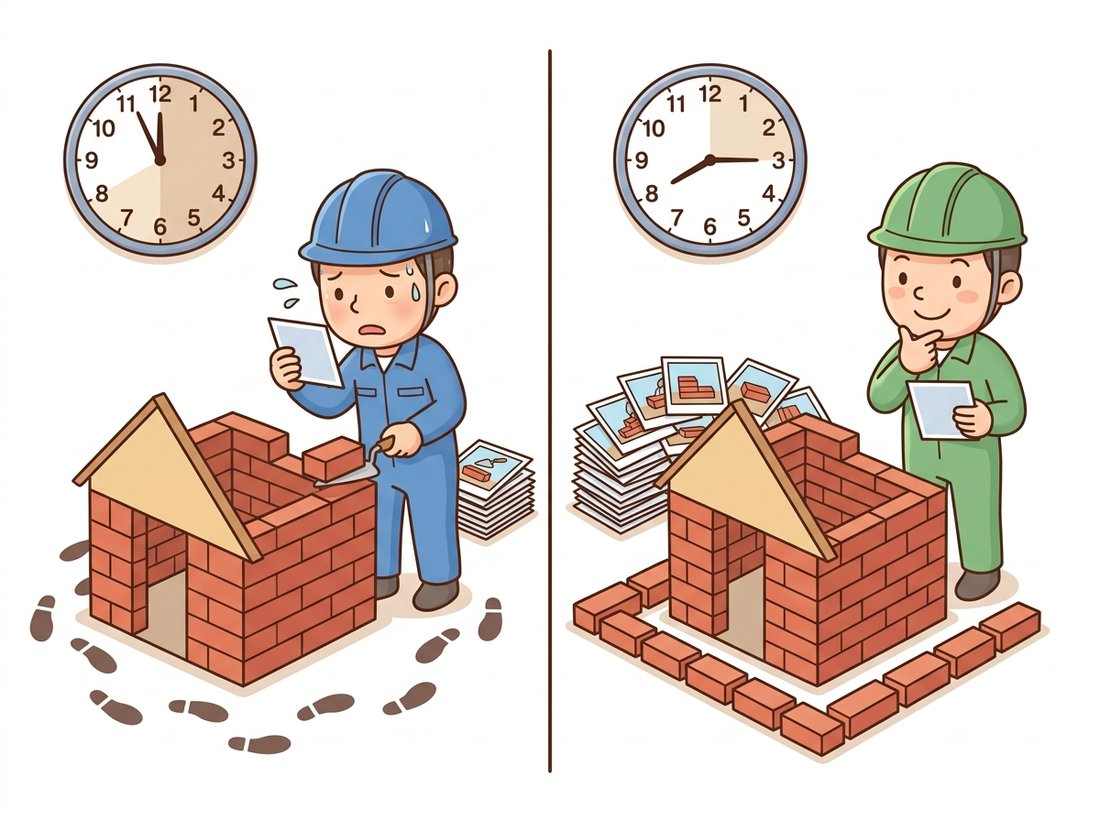 A split cartoon shows two builders making the same house from photos: the left builder adds one brick then re-checks the entire house each time and looks exhausted by a long clock, the right builder places all bricks at once and checks just once with a short clock, illustrating incremental versus global structure-from-motion.